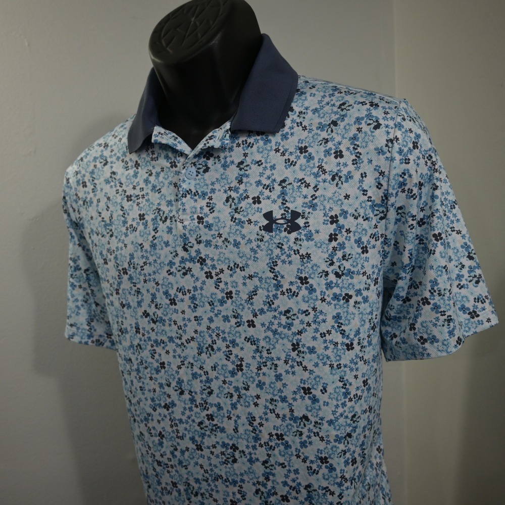 Under Armour Floral Golf Polo Mens Medium Loose Fit Blue Gray Short Sleeve Shirt
